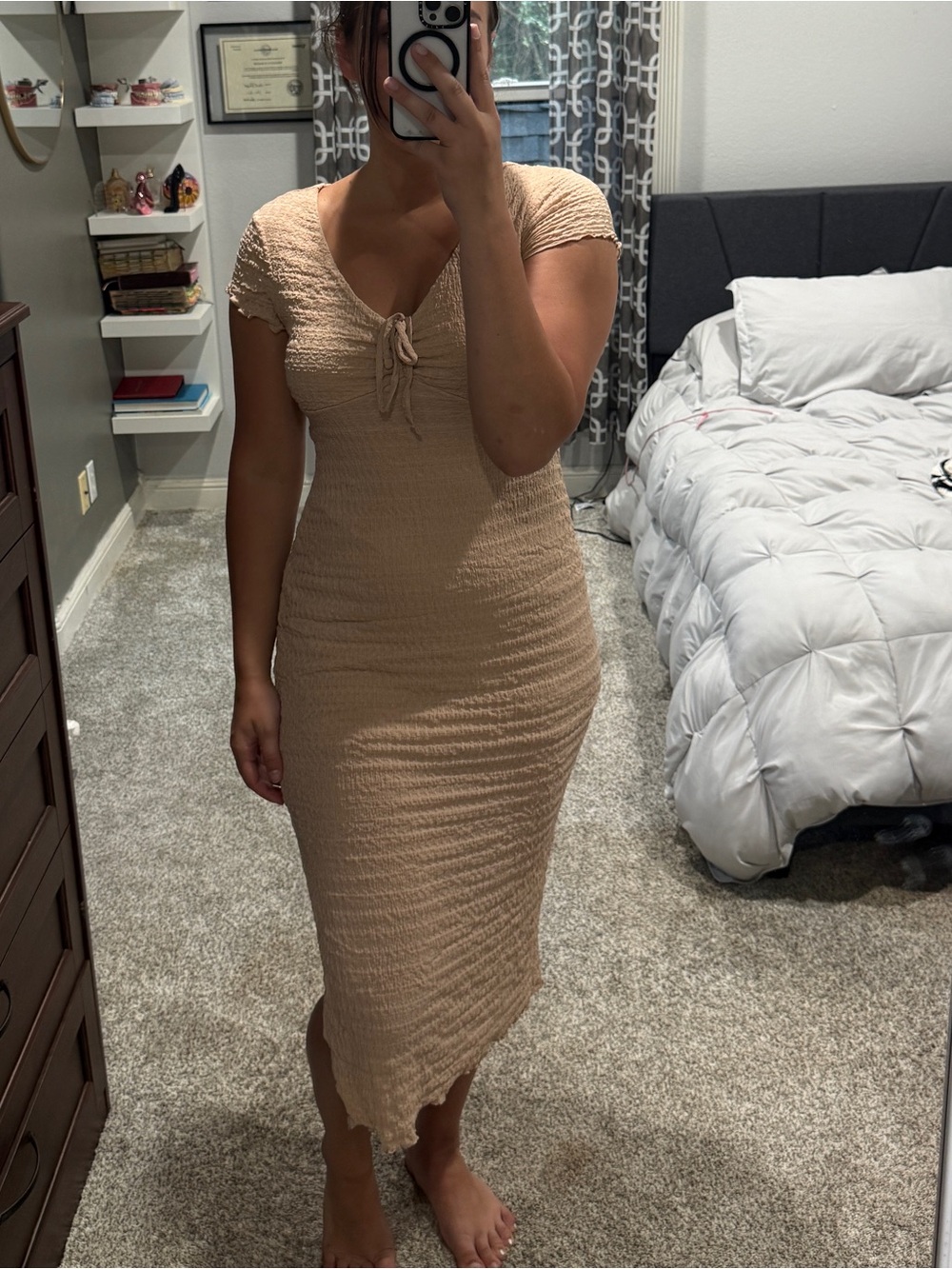 Beige Ribbed Midi Dress with Tie Front
